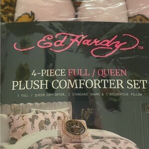 Ed Hardy Pink and Black Plush Comforter Set - Full/Queen